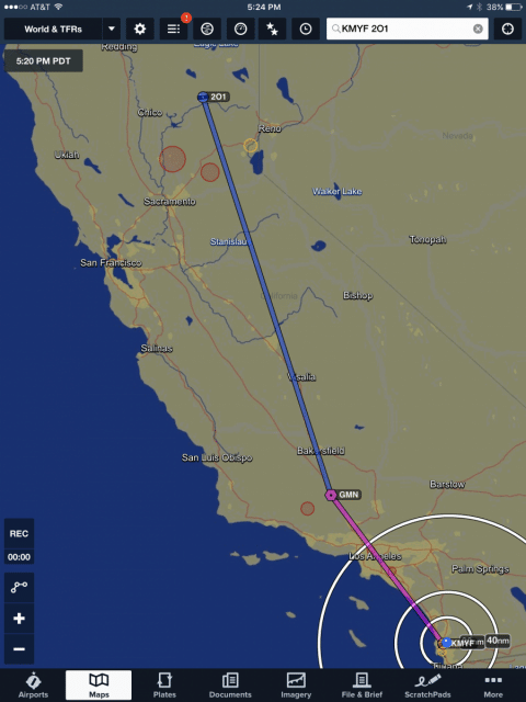 Our flight to Quincy - Red Circles represent forest fire activity